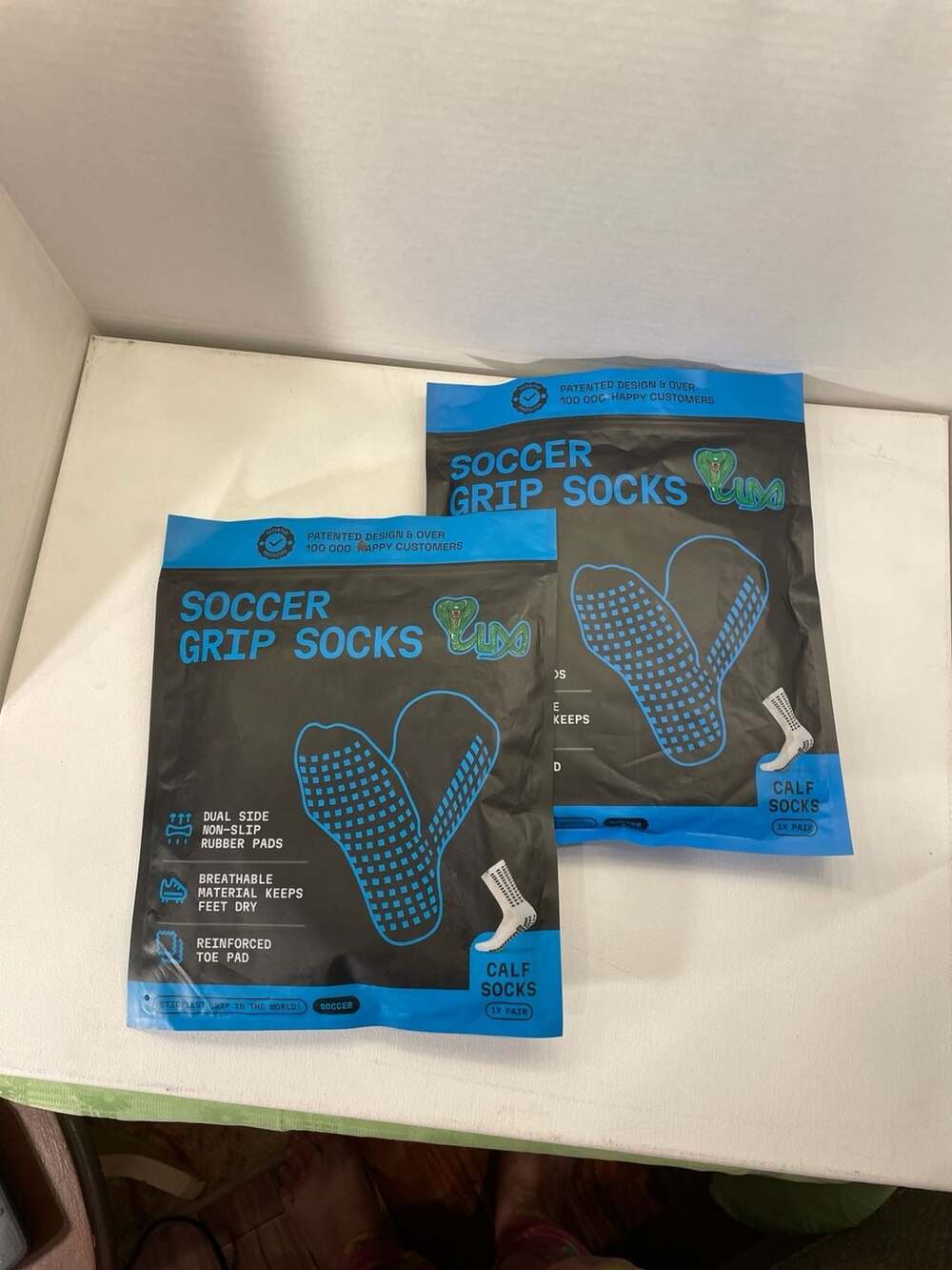 LUX Sports Soccer Grip Calf Socks - White Anti-Slip 2-Pack
